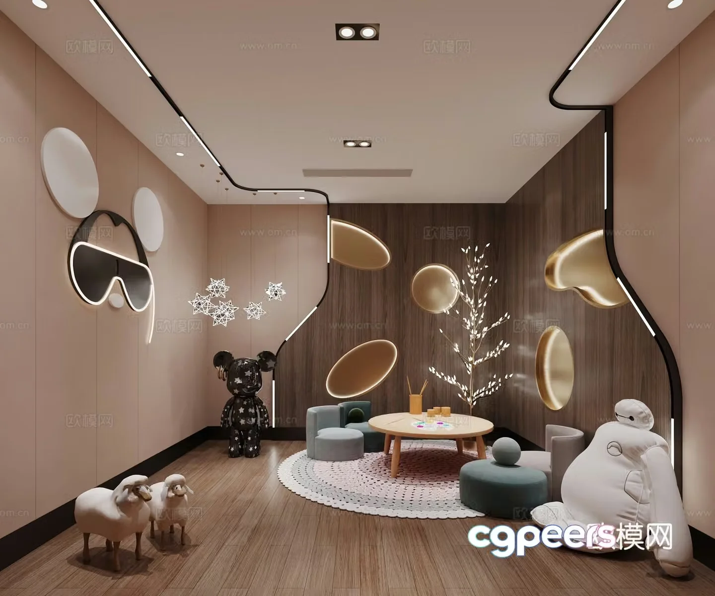 Modern children’s entertainment room sofa toy sheep wall decoration decorative tree chandelier 3d model