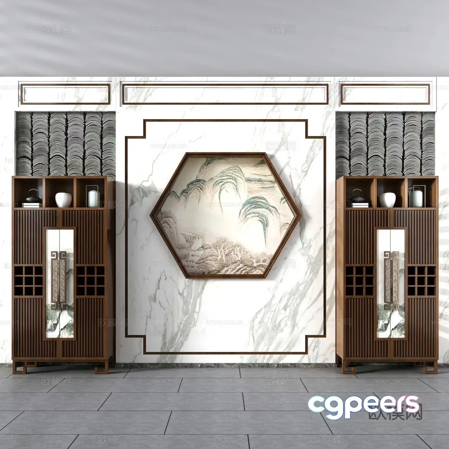 New Chinese wine cabinet tile tile decoration cabinet background wall new Chinese restaurant new Chinese back 3D model