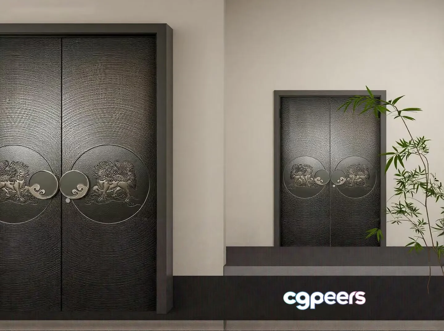 Two Large Dark Gray Doors With Circular Handles 3D Model – 14858 – VRAY Render