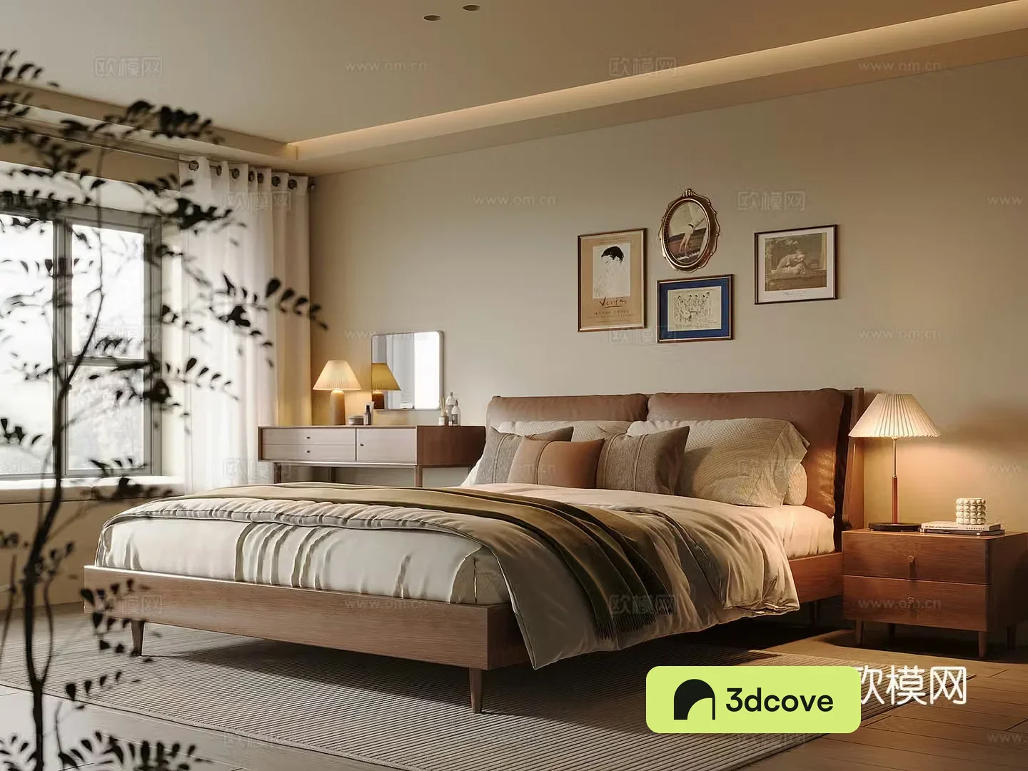 Middle-aged home bedroom solid wood double bed bedside table solid wood dressing table and chair chandeliers 3D model