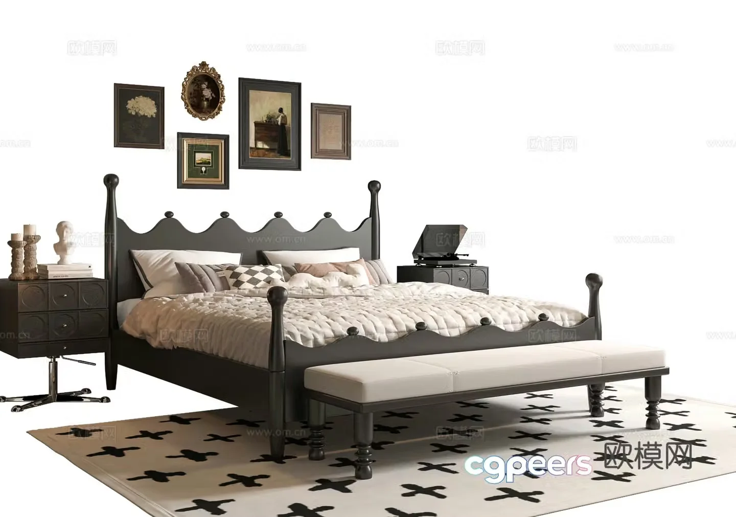 French double bed 3d model