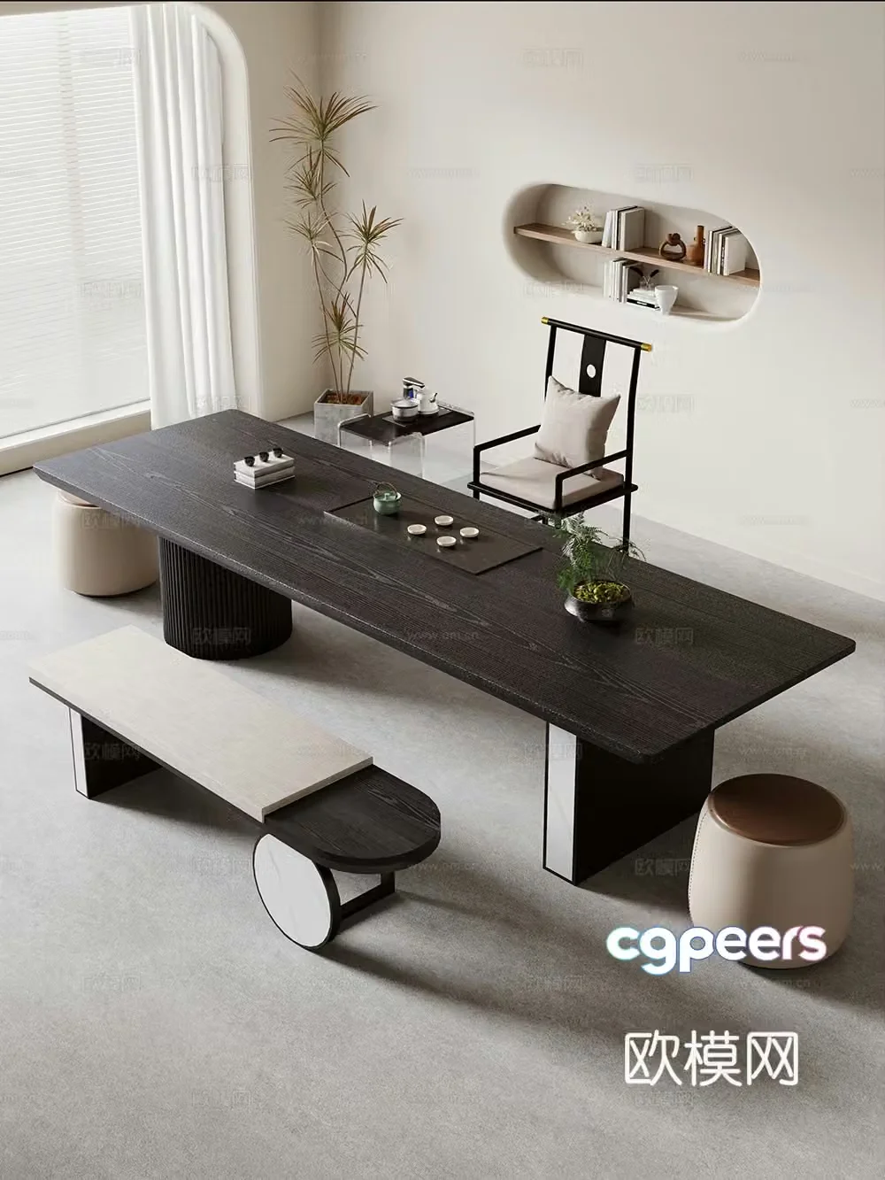 Creamy large plate table tea table and chair combination tea table tea table tea room tea table balcony tea table 3D model