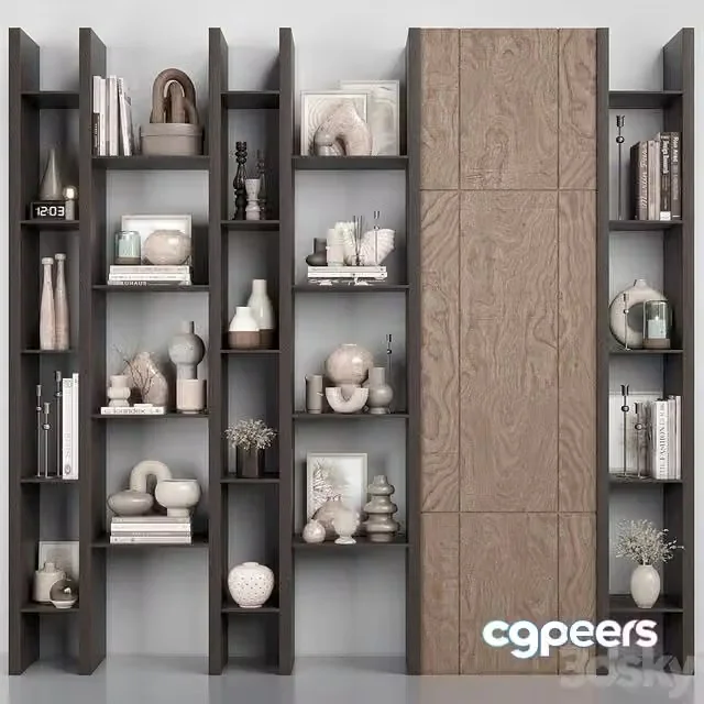 3ds Max Free – Rack – Shelf 08 – Wooden Shelves With Decorative Objects and Books – Bookcases