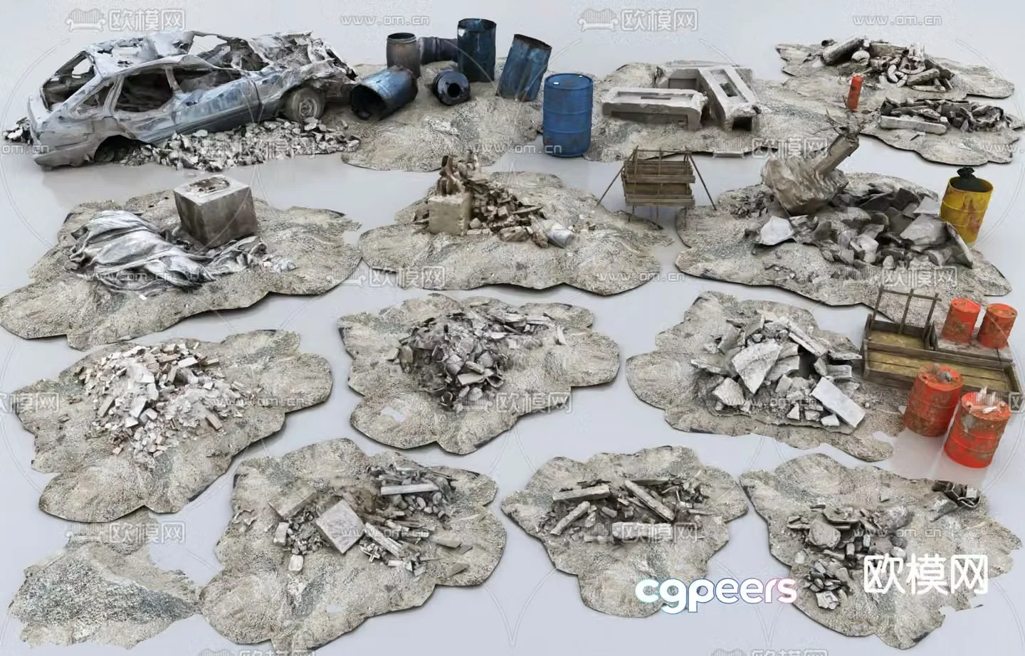 Game scene ruins stones scrap cars street signs 3d model