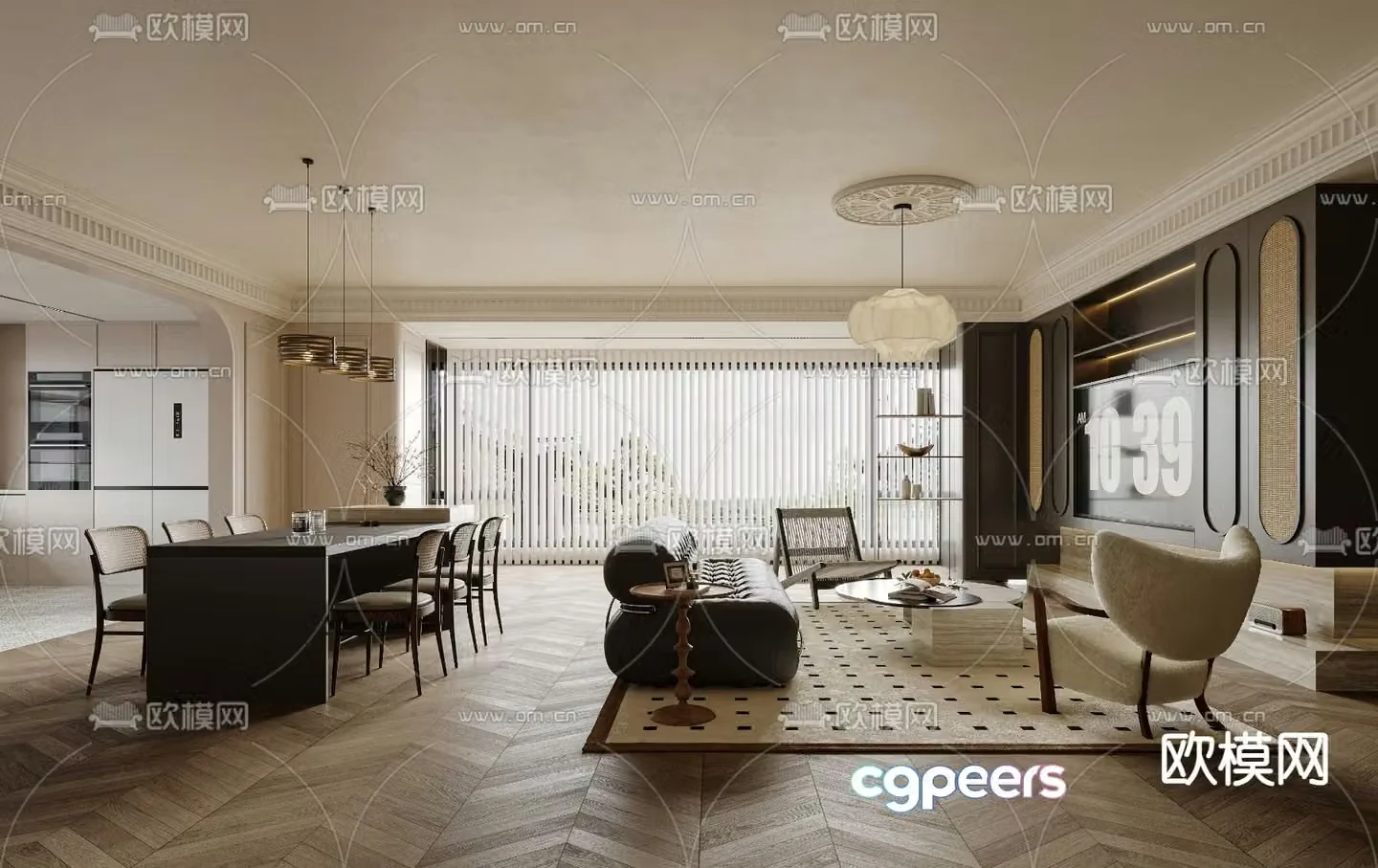 Middle style living room dining room 3d model
