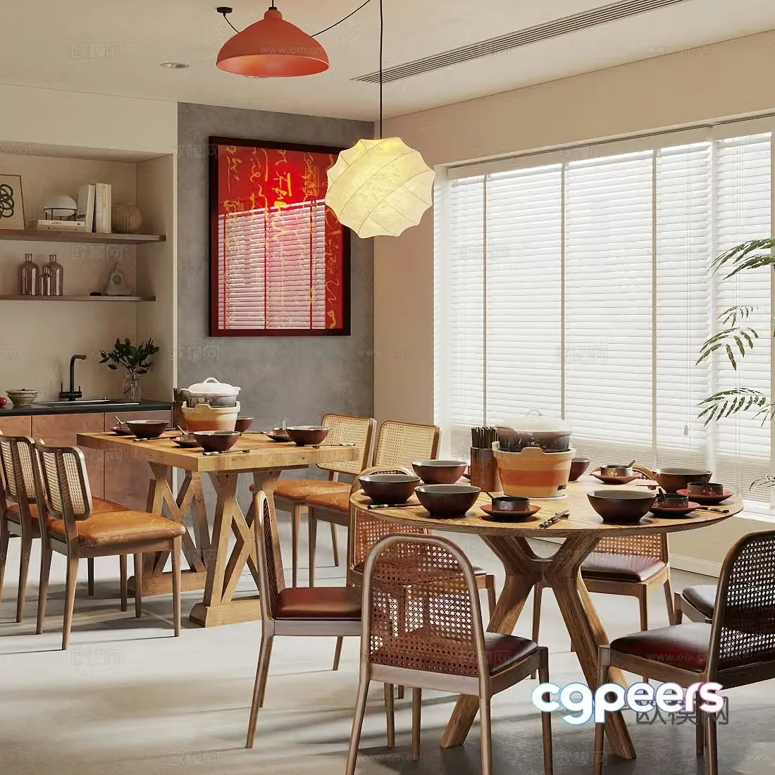 New Chinese dining table and chairs Solid wood dining table and chairs Solid wood round tables Casserole table and chairs Hotpot restaurant table and chairs 3D model