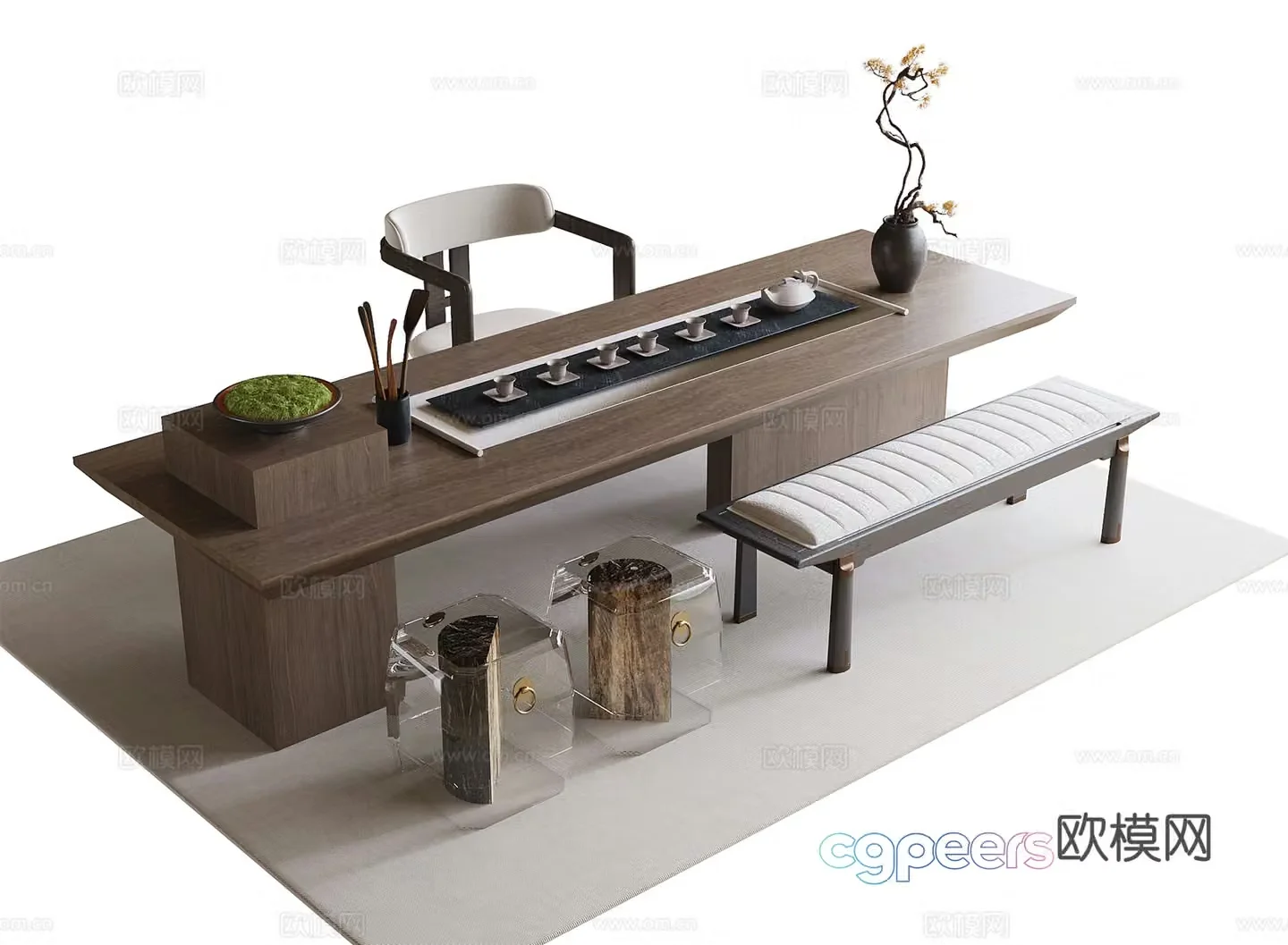 Modern tea table and chair stool bench tea set tea chair 3d model