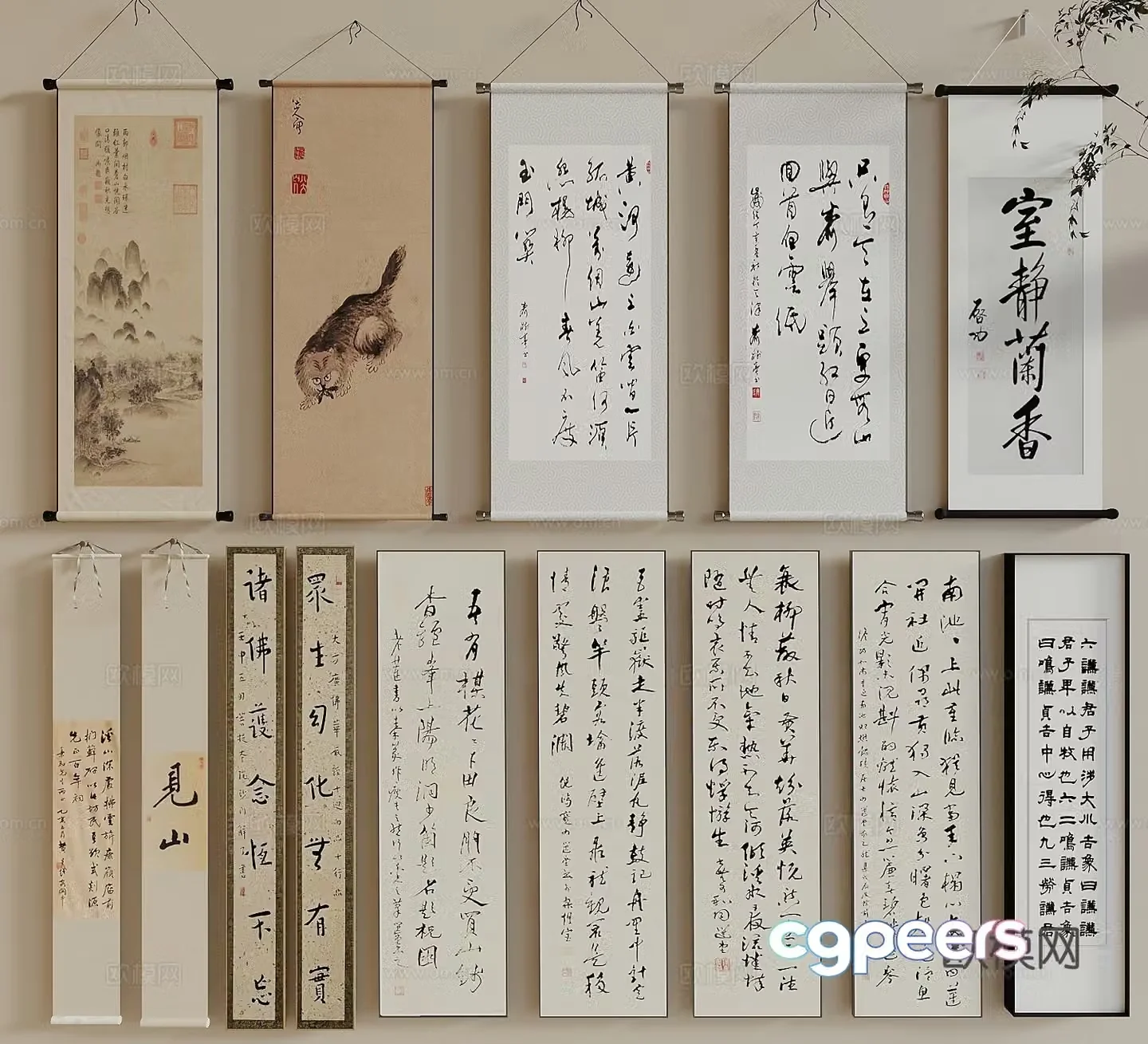 Song style landscape painting New Chinese style hanging painting Landscape painting Calligraphy and painting Ink painting Decorative painting Hanging painting 3D model