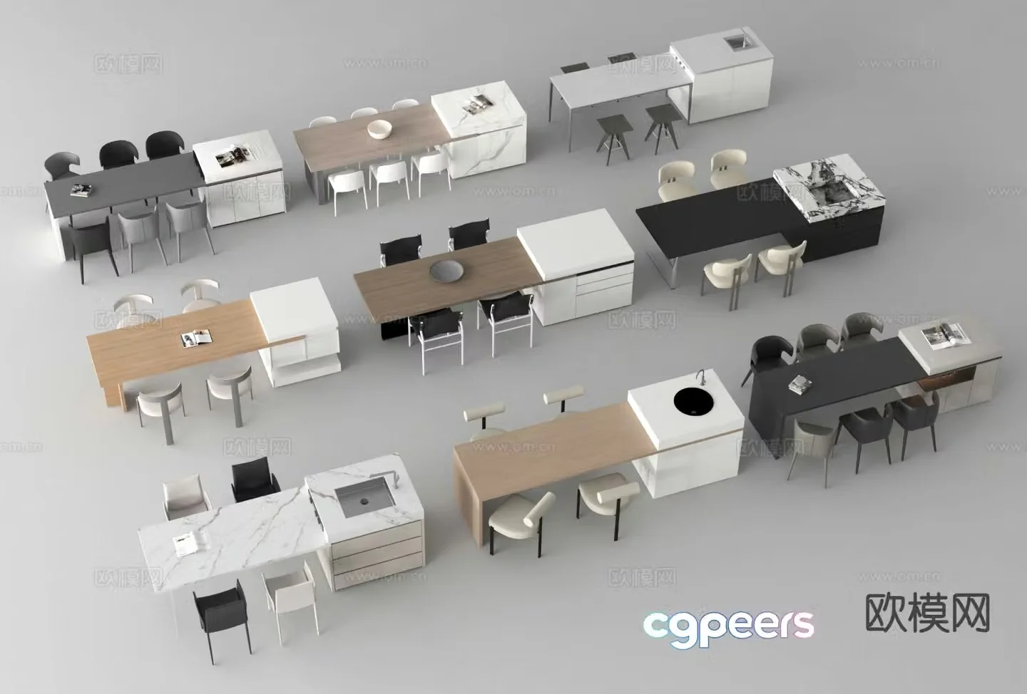 Modern island table dining table and chairs 3d model