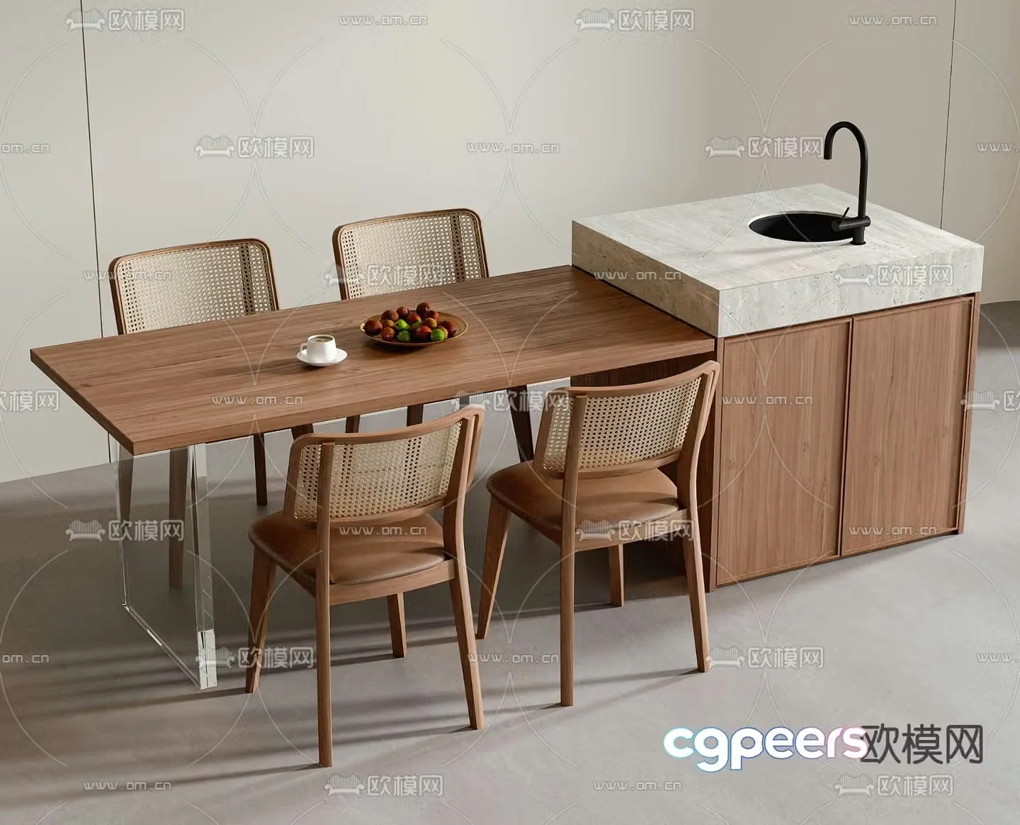 Island dining table and chairs 3d model