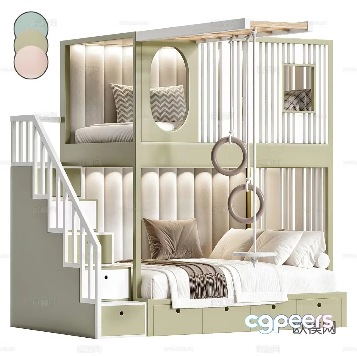 Modern creamy style children’s bed high and low bed 3D model