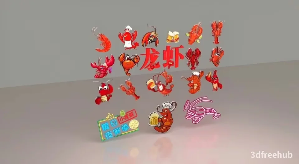 A 3D Rendering Of Various Cartoon Lobsters 3D Model – 23546 – VRAY Render