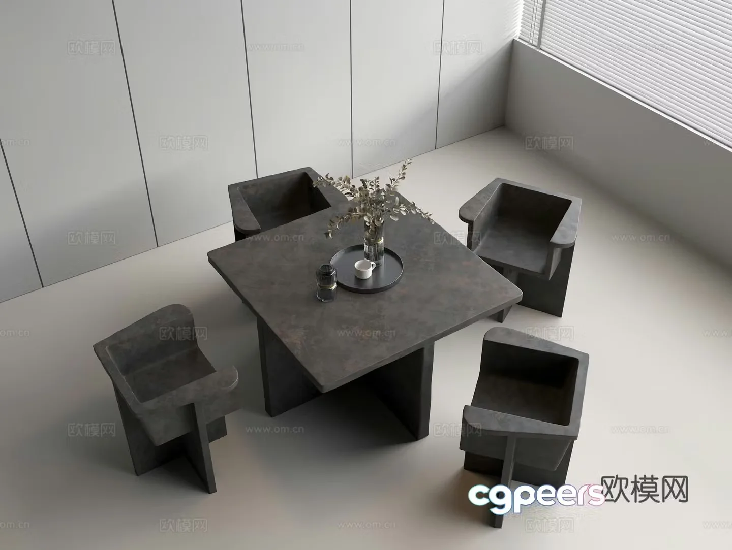 Leisure table and chair combination casual square table casual single chair vase green plant water cup 3d model