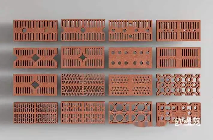 A Collection Of 16 Rectangular Clay Bricks With Various Patterns Arranged In Four 3D Model – 12181 – VRAY Render