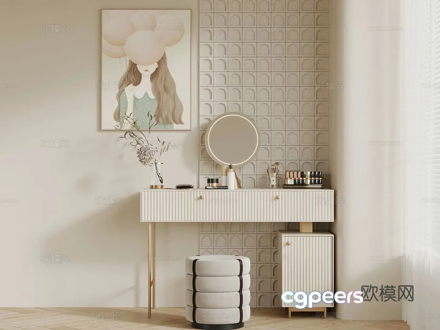 French cream style styling dressing table 3d model