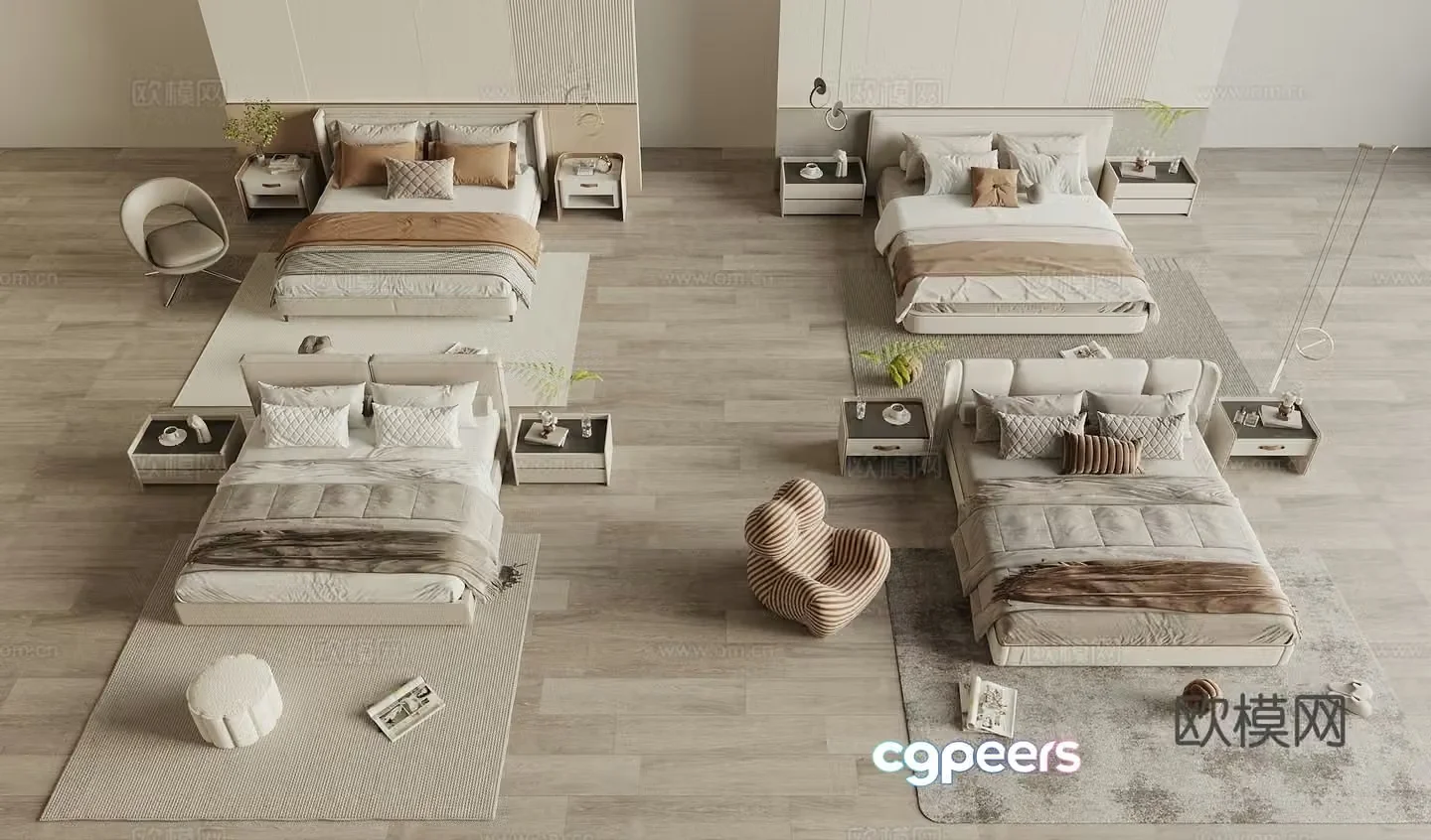 Cream style double bed 3d model