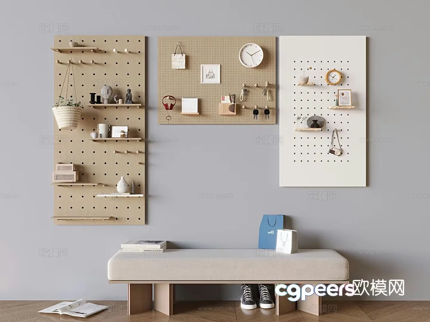 Perforated board wall hanging shelf shoe changing bench bench 3d model