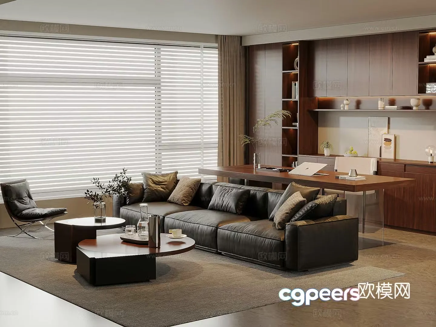 American medieval living room leather sofa and coffee table combination solid wood desk and chair solid wood bookcase 3D model