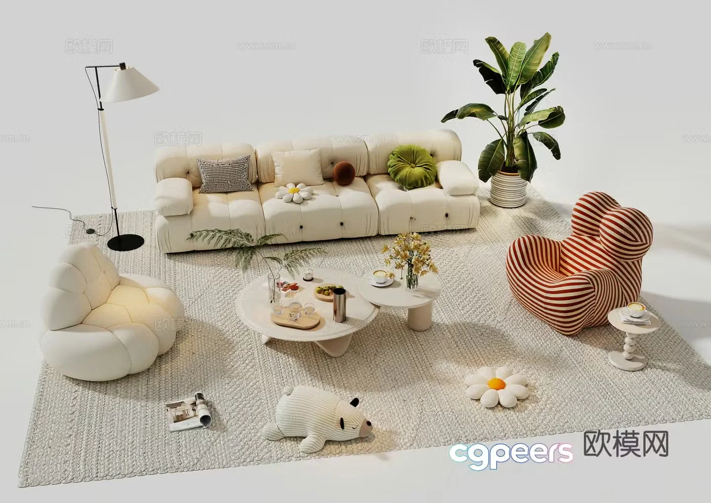Modern cream sofa combination casual sofa sofa coffee table combination carpet floor lamp 3d model