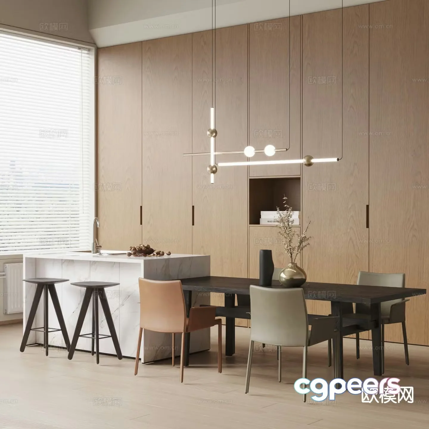 Modern island dining table and chairs 3d model