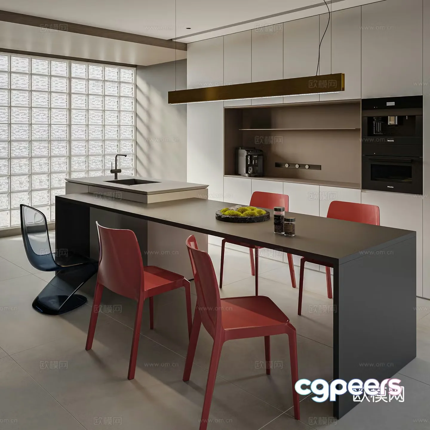 Modern island restaurant table and chair combination dining cabinet chandelier 3d model