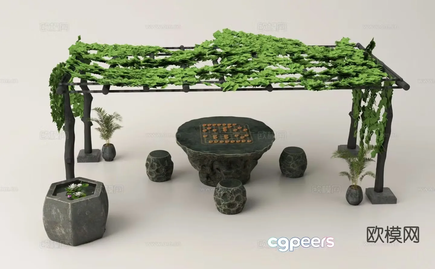 Chinese chess table leisure table and chairs vine shed 3D model