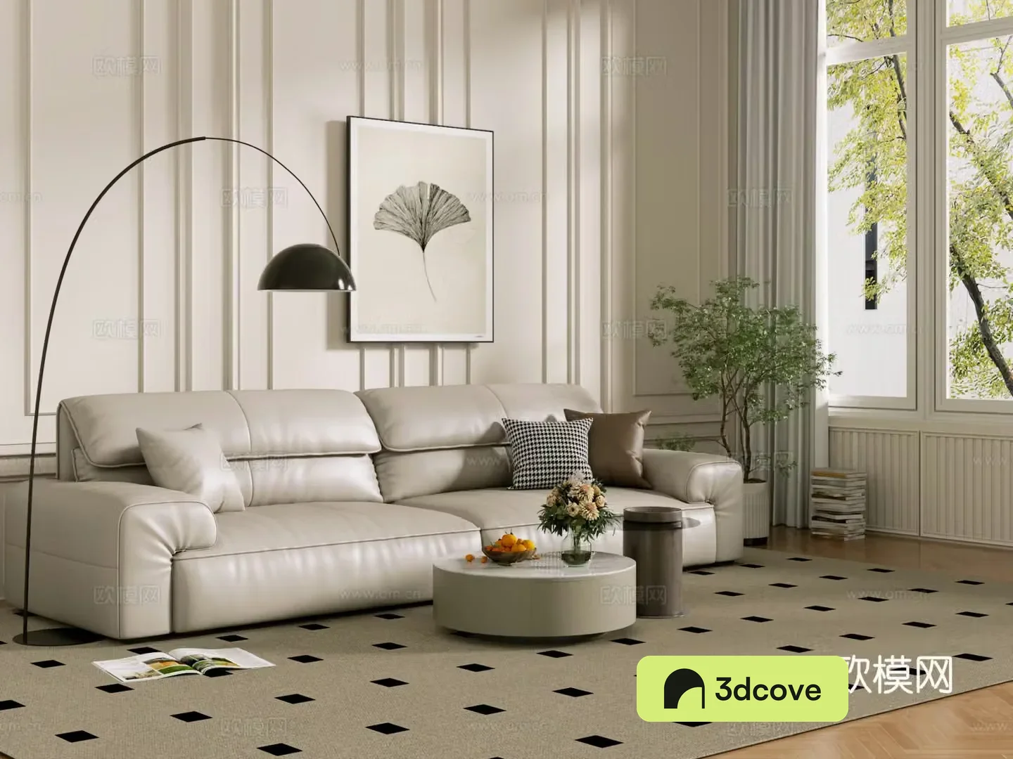 Middle-aged sofa combination coffee table carpet multi-person sofa 3D model