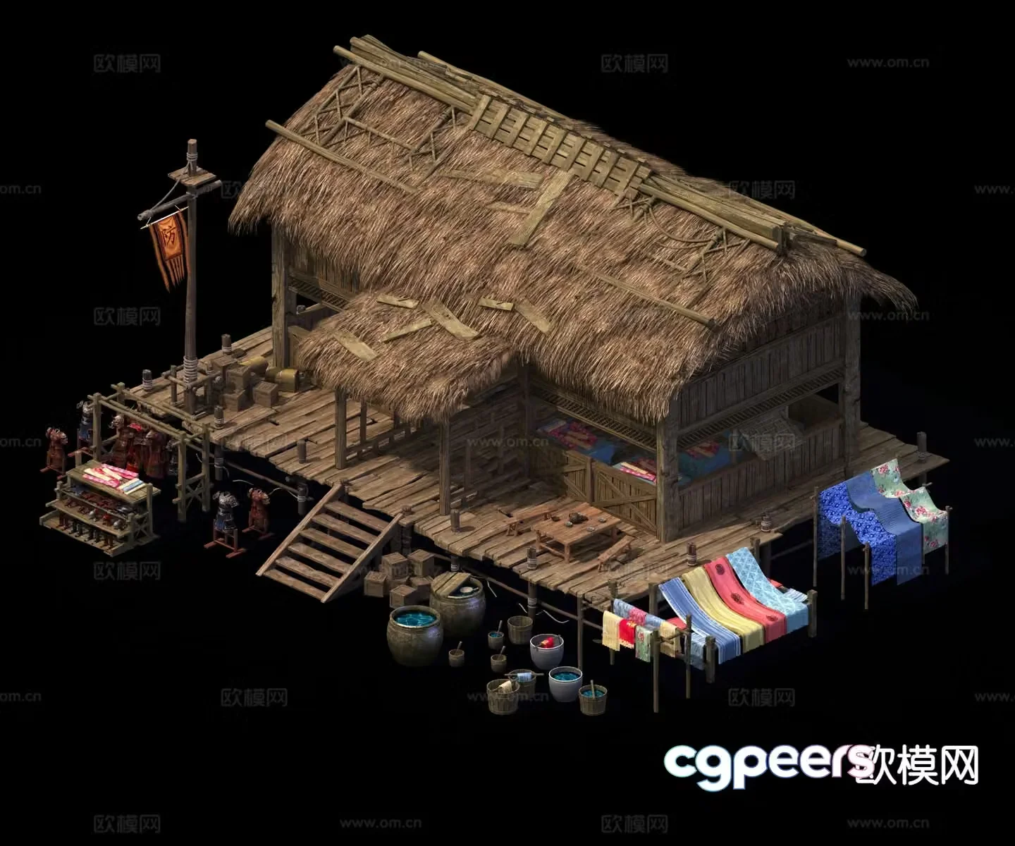 Chinese thatched house folk sketch 3D model