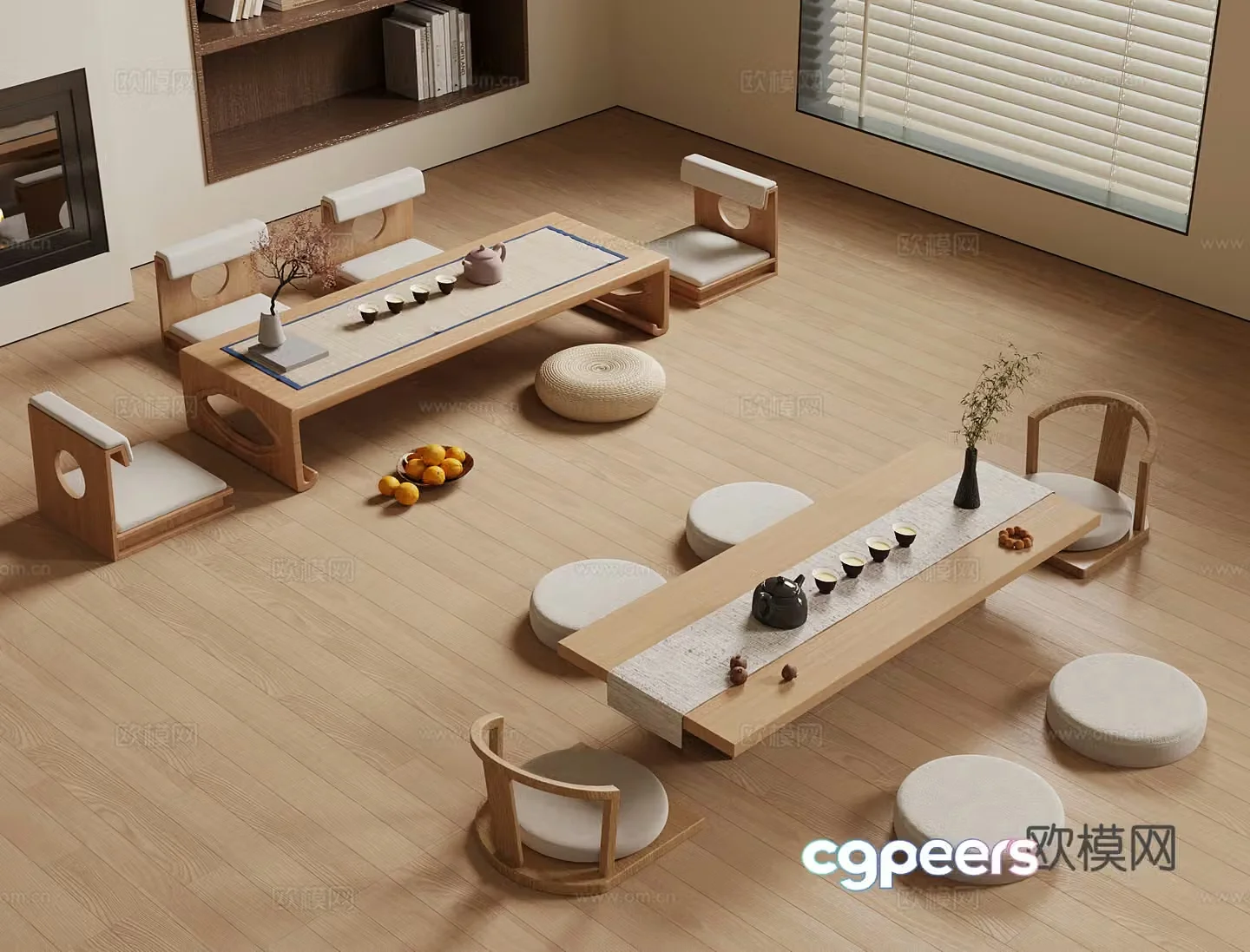 Japanese tea table and chair combination futon tea set 3D model