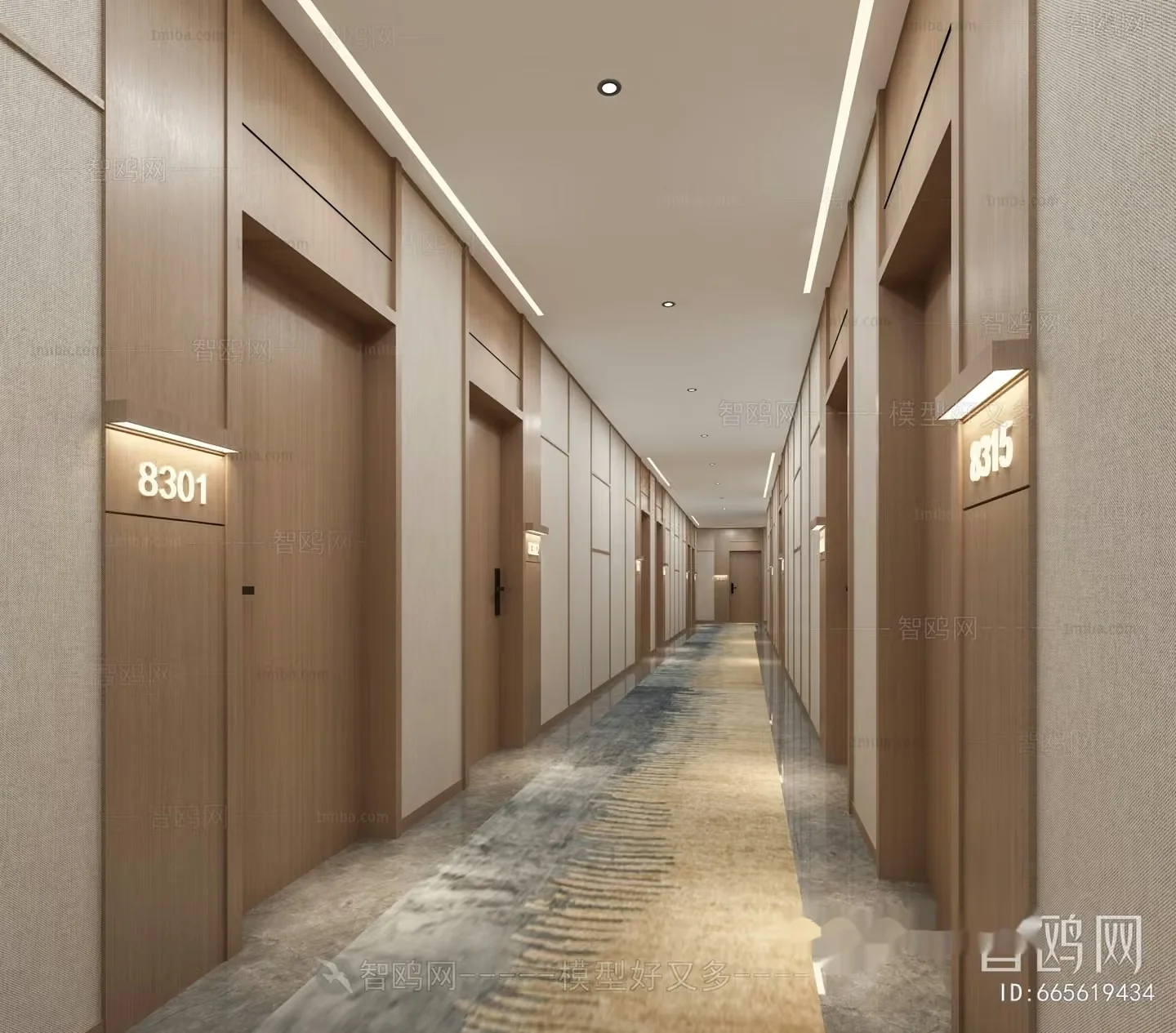 A Long Hallway With Beige Walls And Doors 3D Model – 21268 – VRAY Render