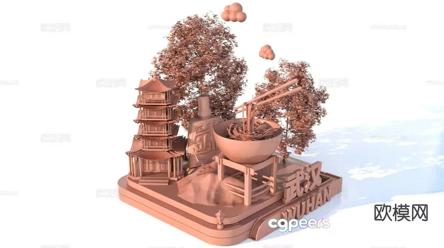 3D model of characteristic urban ancient buildings and scenic sculptures
