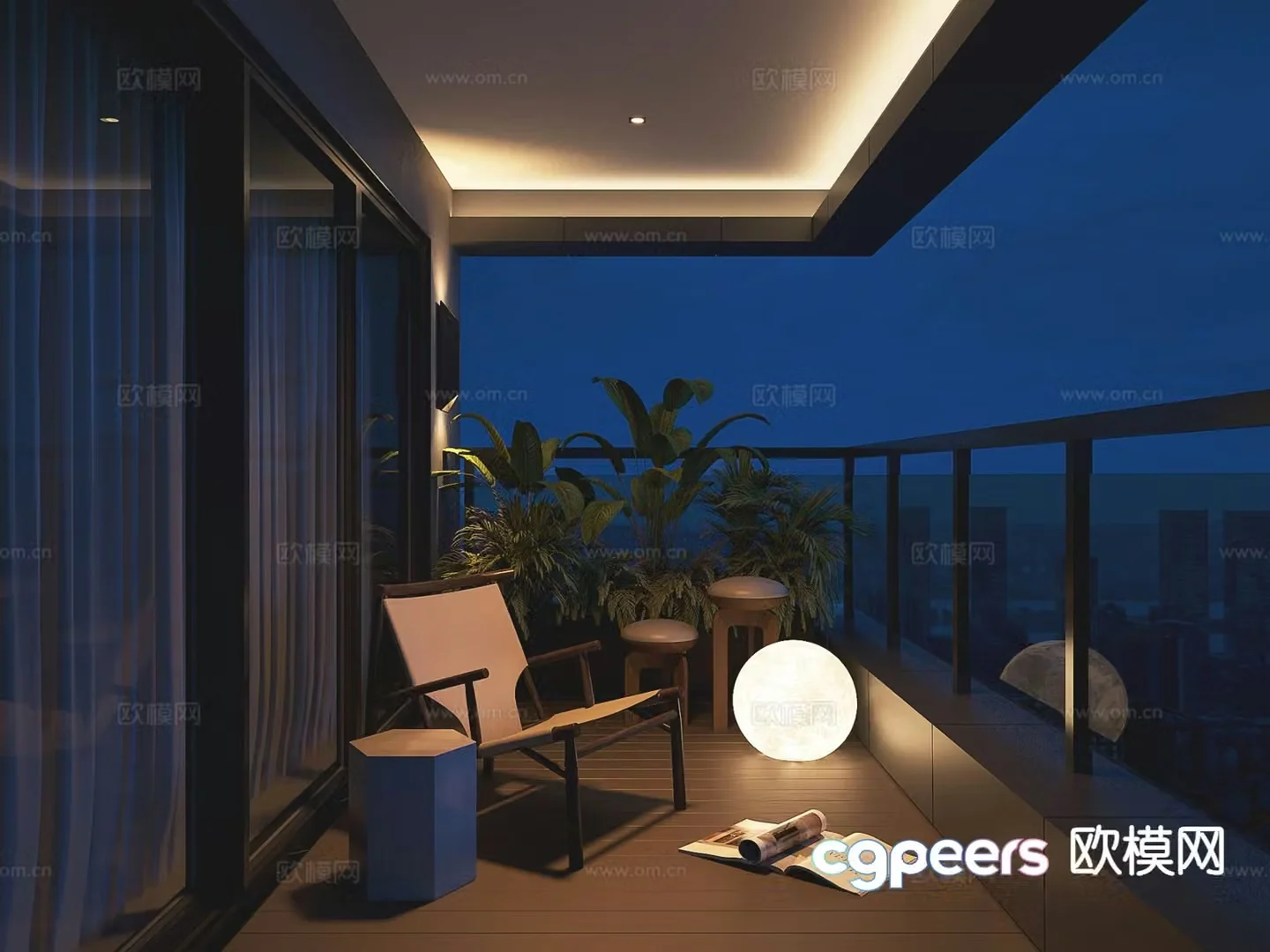 Modern leisure balcony night view 3d model