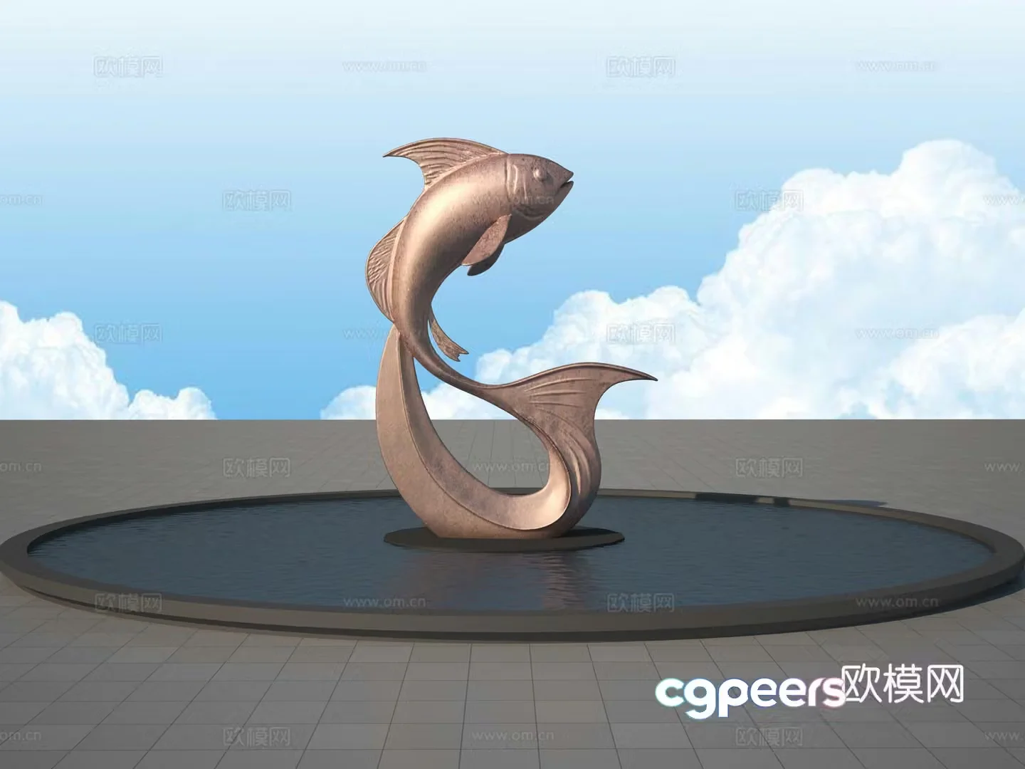 Carp leaping on the dragon gate sculpture 3d model