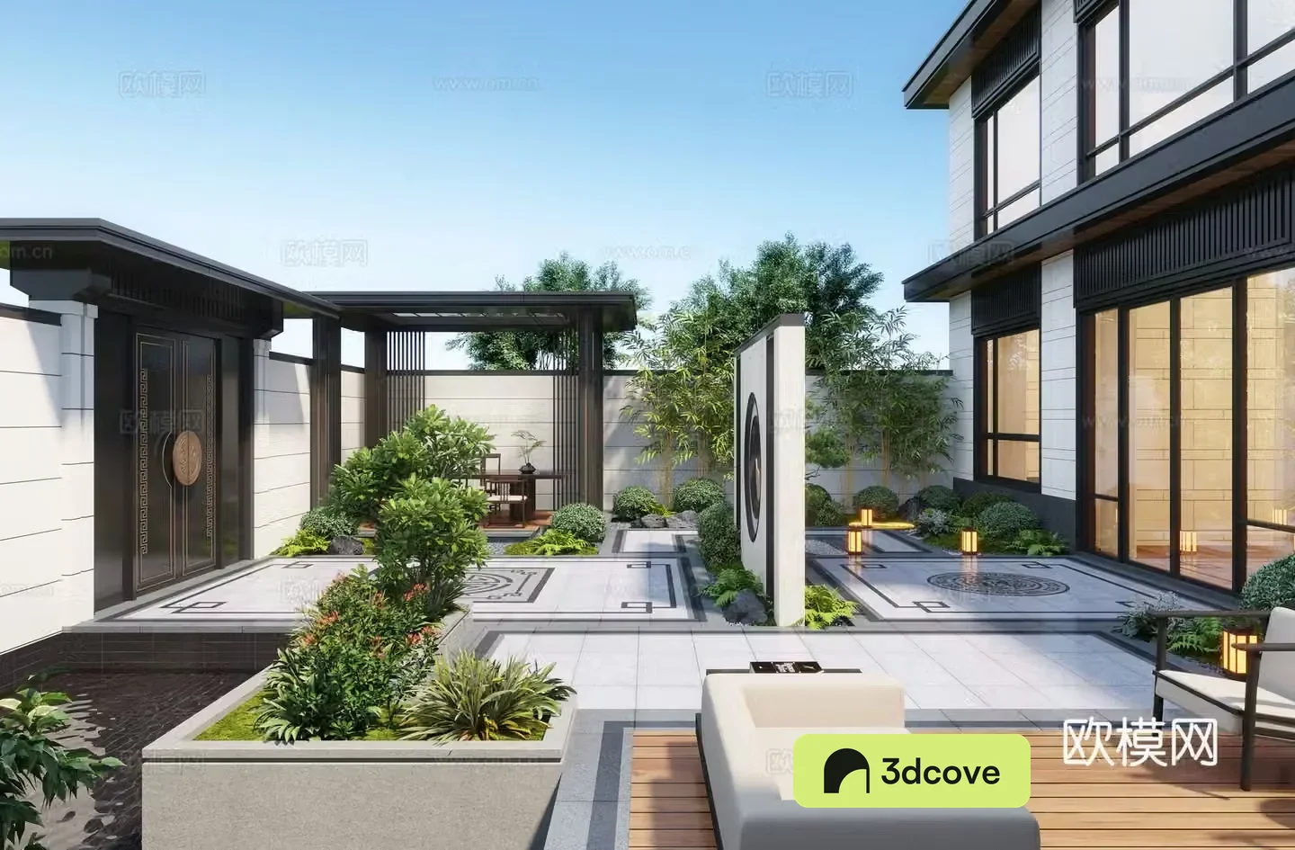 New Chinese style courtyard landscape family courtyard landscape sketch pavilion rockery waterscape landscape wall