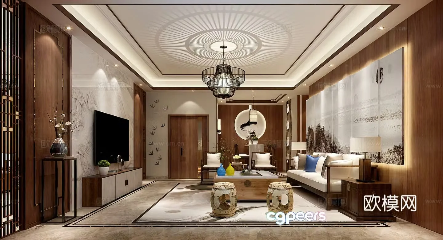 New Chinese style simple living room and dining room sofa and coffee table combination bar TV cabinet chandeliers 3D model