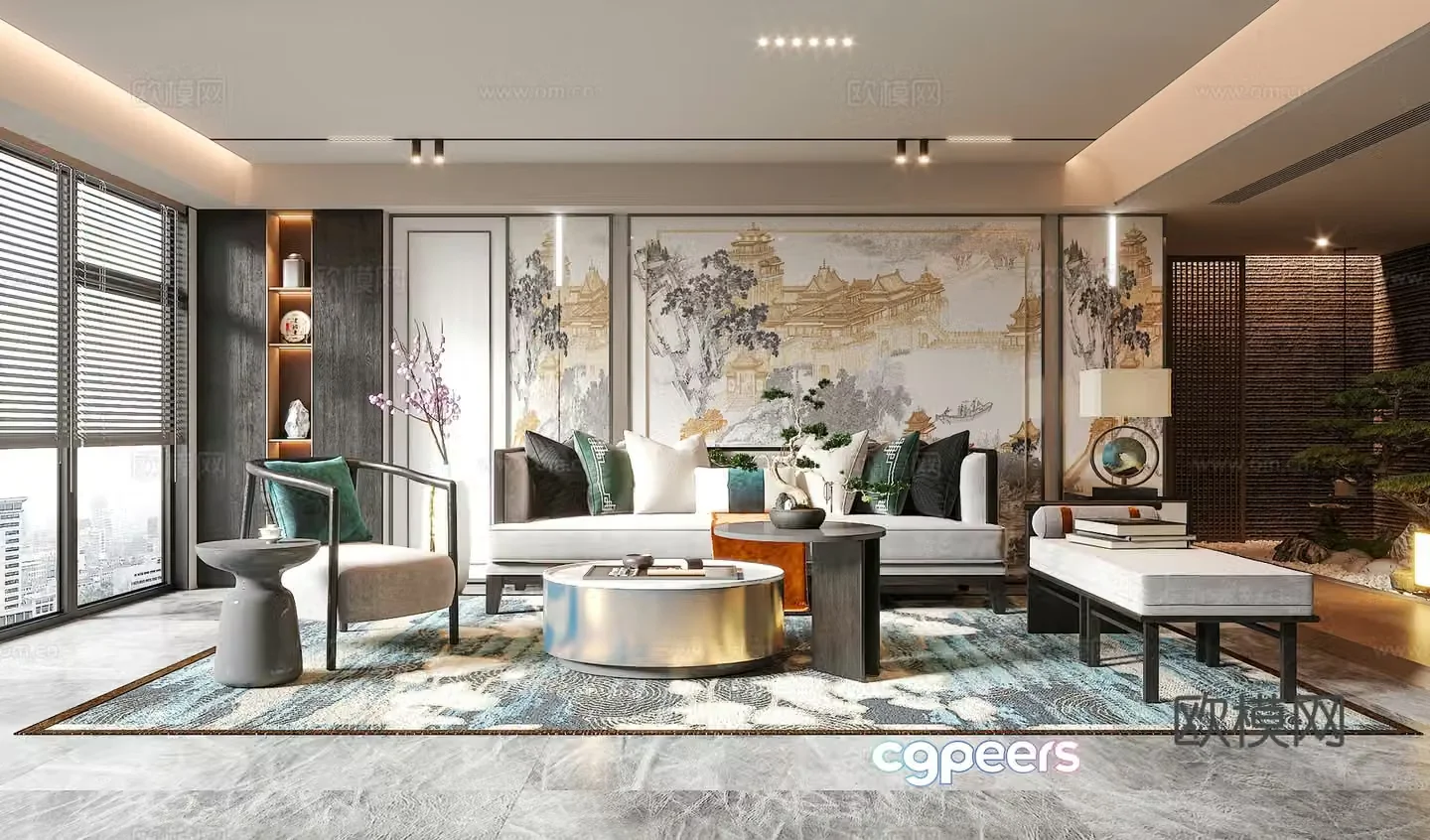 New Chinese living room sofa and coffee table combination green plants accessories desk lamp background wall 3D model