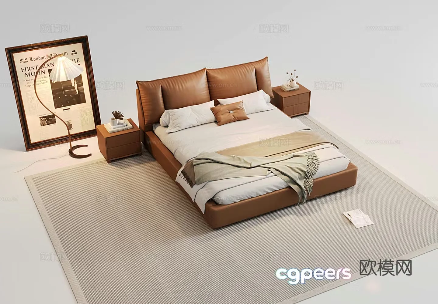 Modern double bed leather bed master bedroom bed nightstand floor lamp decorative painting 3d model