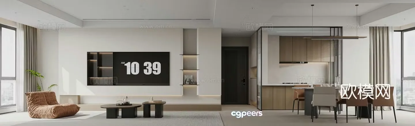 Modern living and dining room 3d model