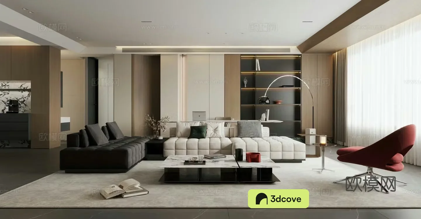 Italian minimalist home living and dining room large flat floor horizontal hall