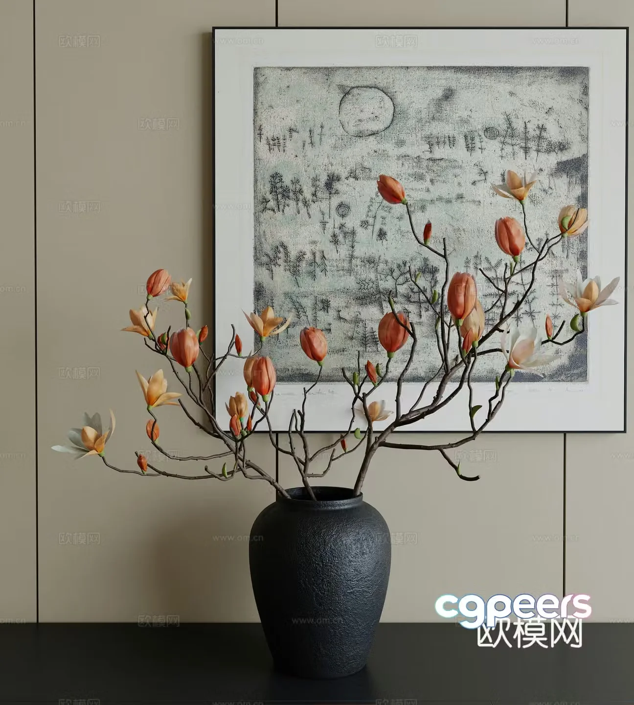 Vase floral ornaments decorative hanging paintings 3D model