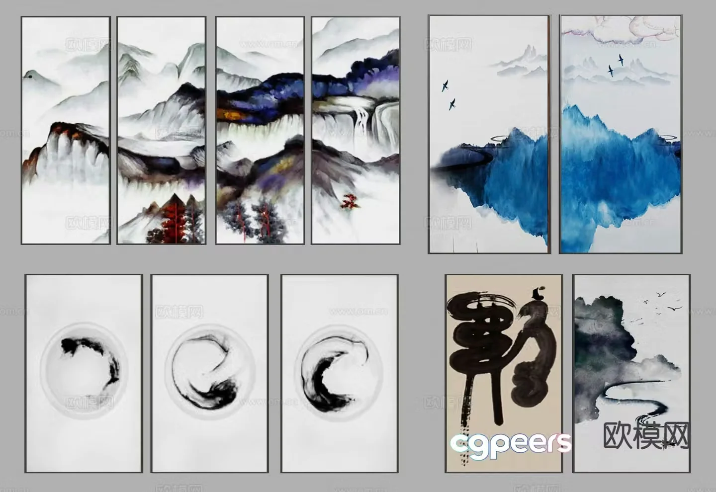 New Chinese style ink hanging painting landscape painting 3D model