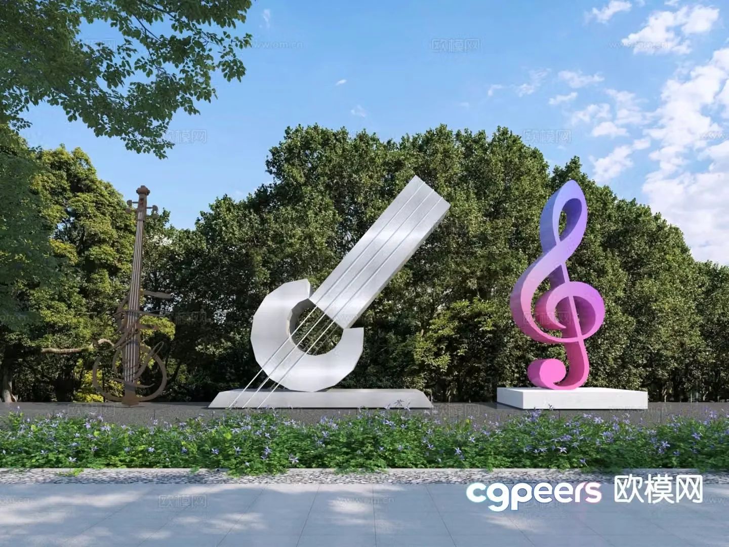 Modern guitar sculpture note landscape sketch 3d model
