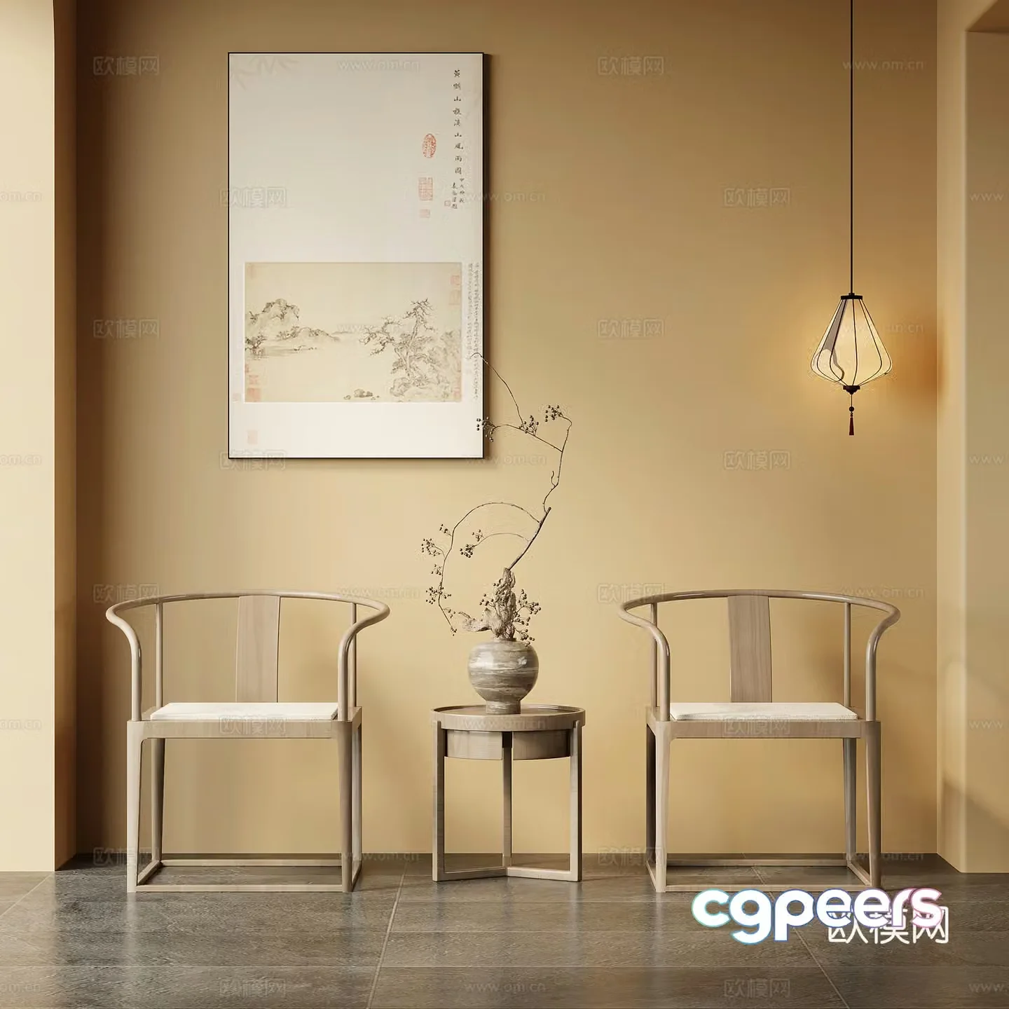 Leisure chair New Chinese style leisure chair Single chair Side table Decorative painting Small chandelier 3d model