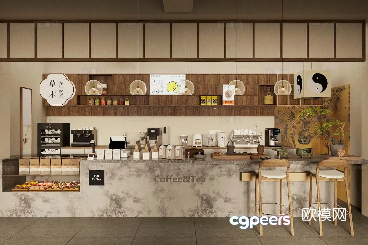 New Chinese style teahouse New Chinese style medieval teahouse Tea room workbench operation table Coffee milk tea shop water bar 3D model