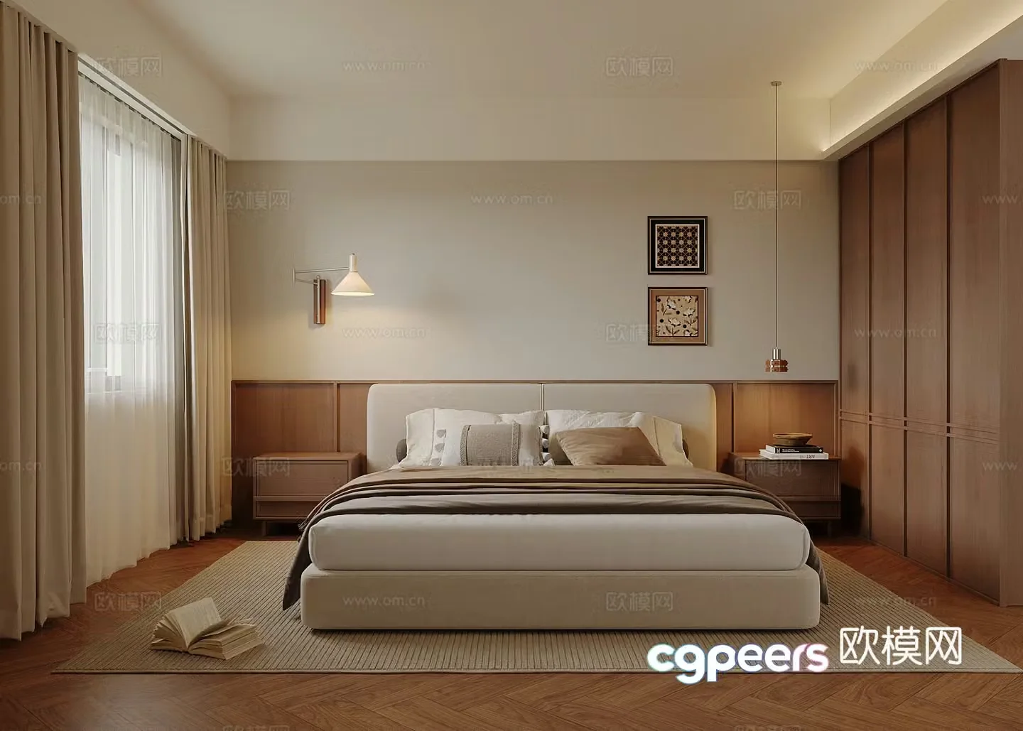 Middle style bedroom double bed wardrobe 3d model