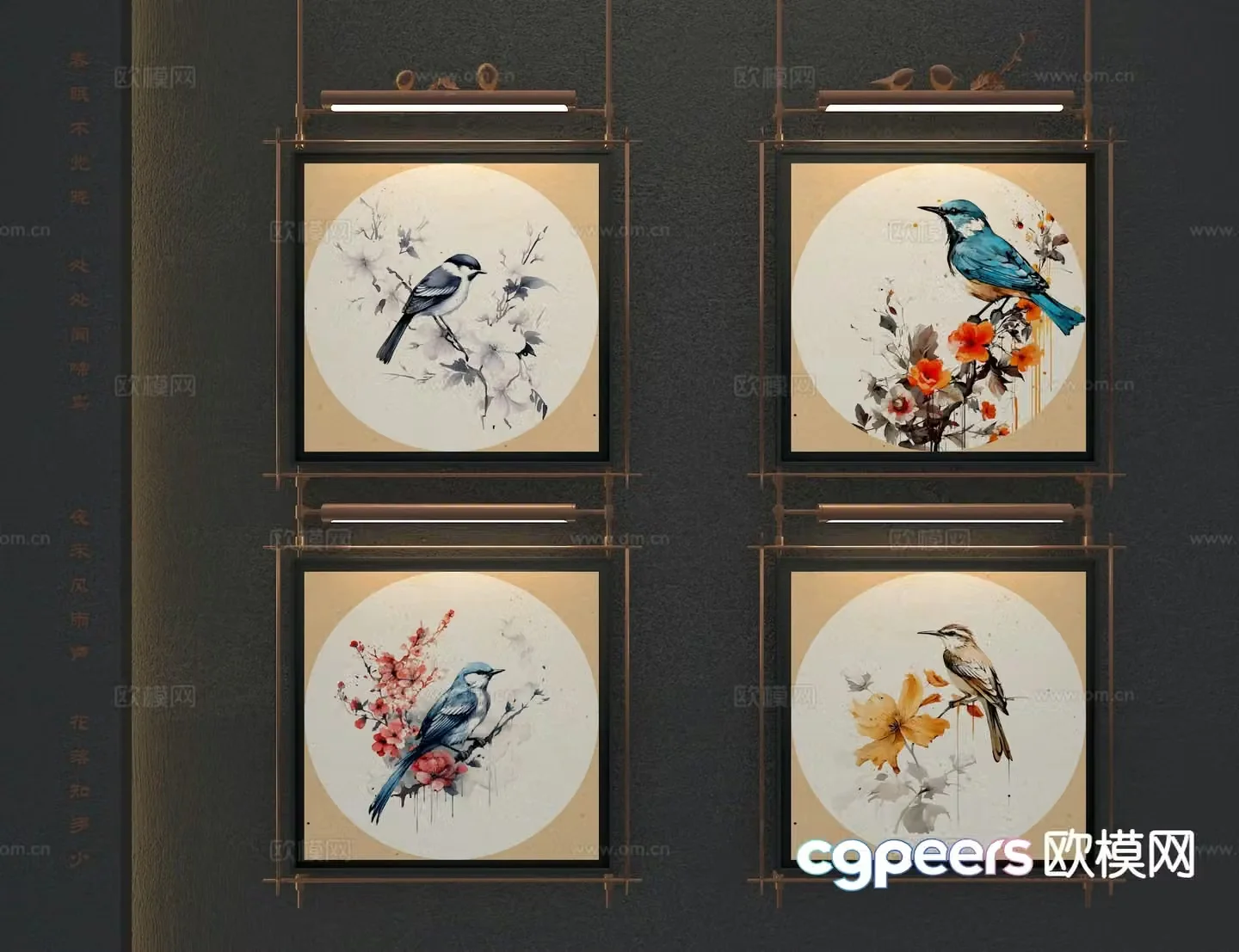 New Chinese style decorative painting flower and bird painting hanging painting 3D model