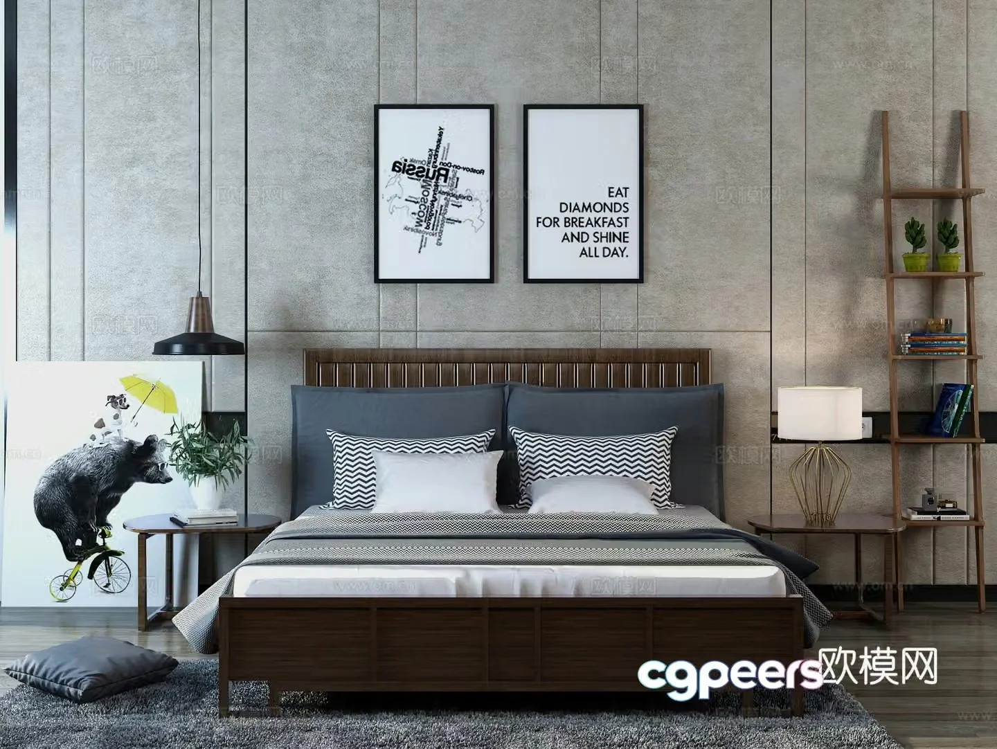 Nordic bed bookshelf bedroom painting desk lamp carpet 3d model