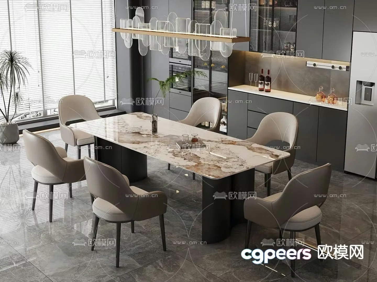 Modern marble dining table and chairs 3d model