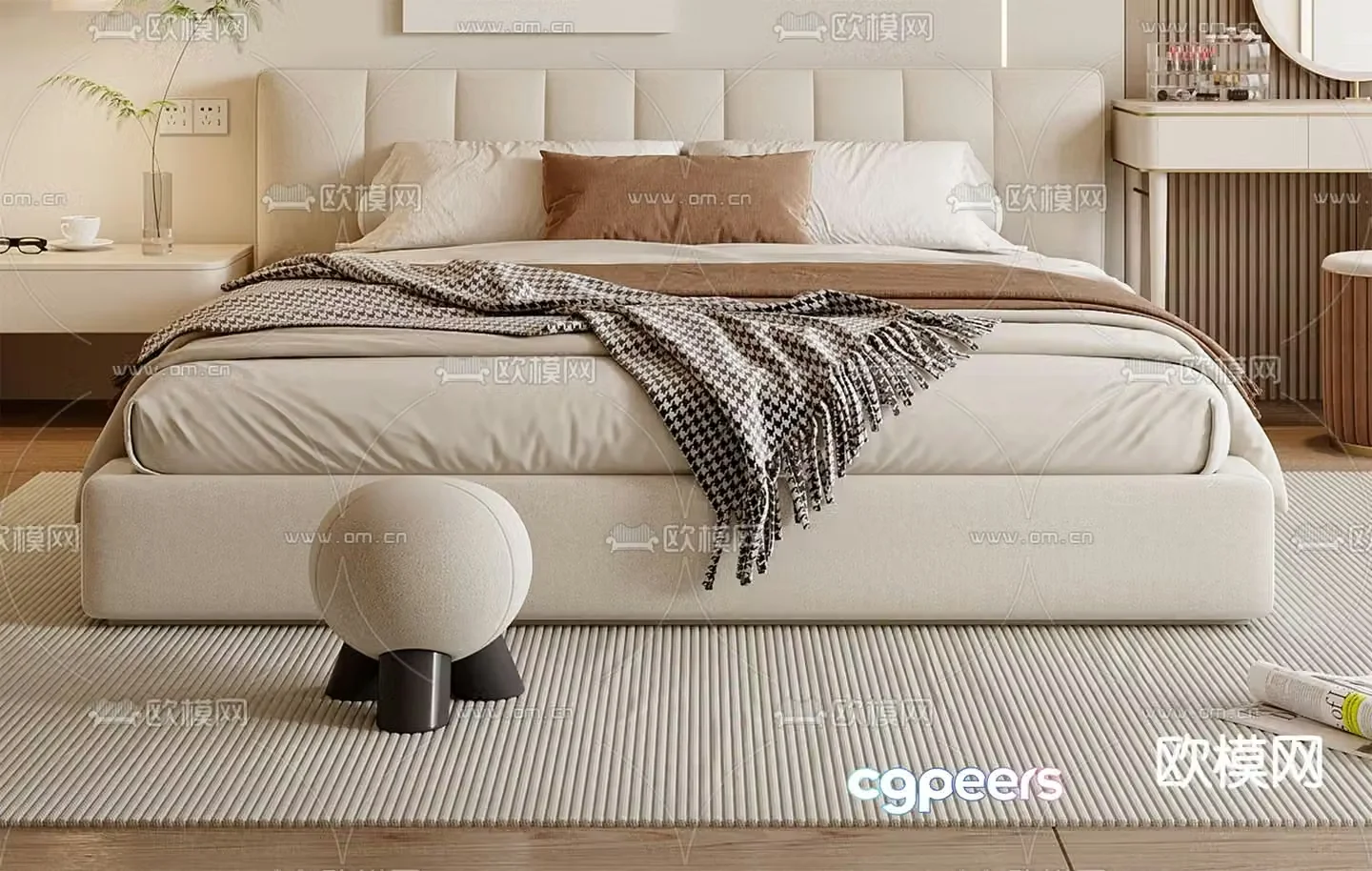 Cream style double bed 3d model