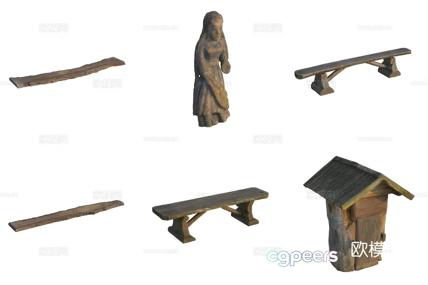Wood plank wooden bench wood carving retro mailbox 3d model
